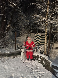 Santa Claus steht im winterlichen Garten des Schlosshotels Knigreich Romkerhall